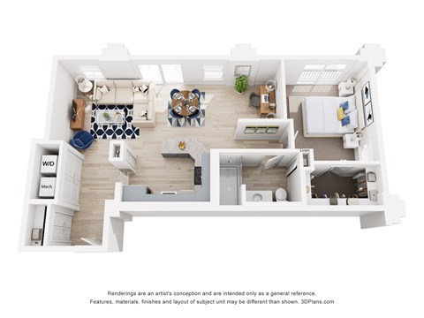 A 3D floor plan of an apartment with a kitchen, living room, dining room, and two bedrooms.